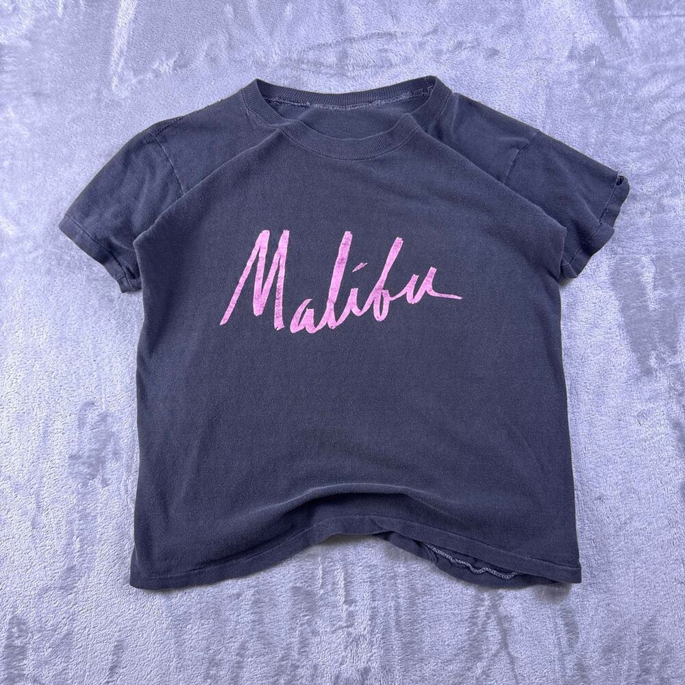 Vintage Malibu Graphic T Shirt Womens XS Faded Black Pink Spellout Baby Tee Y2K